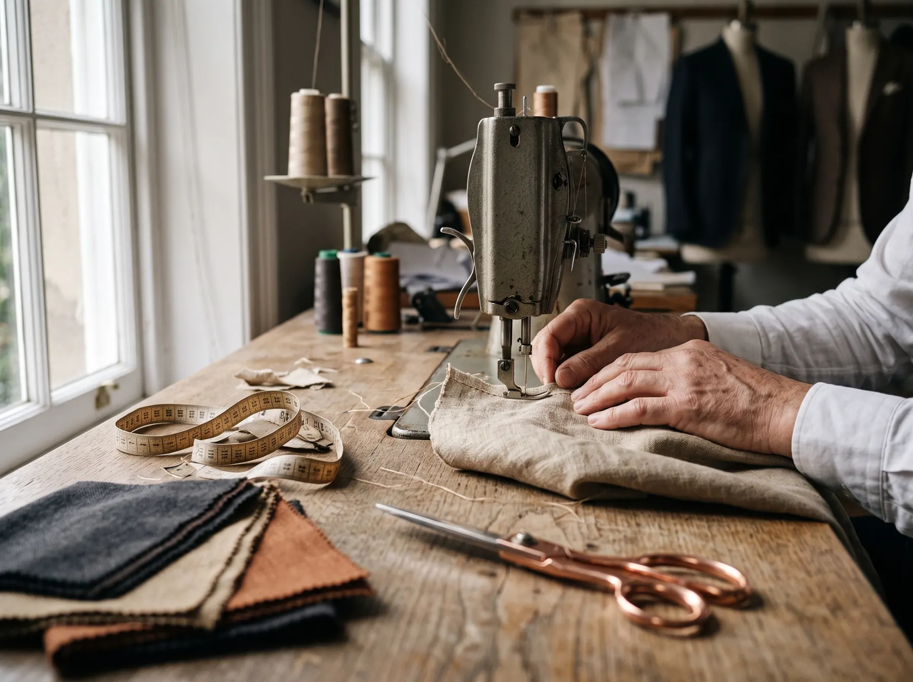 Hände an der Nähmaschine im Atelier, daneben Stoffmuster und Maßband
