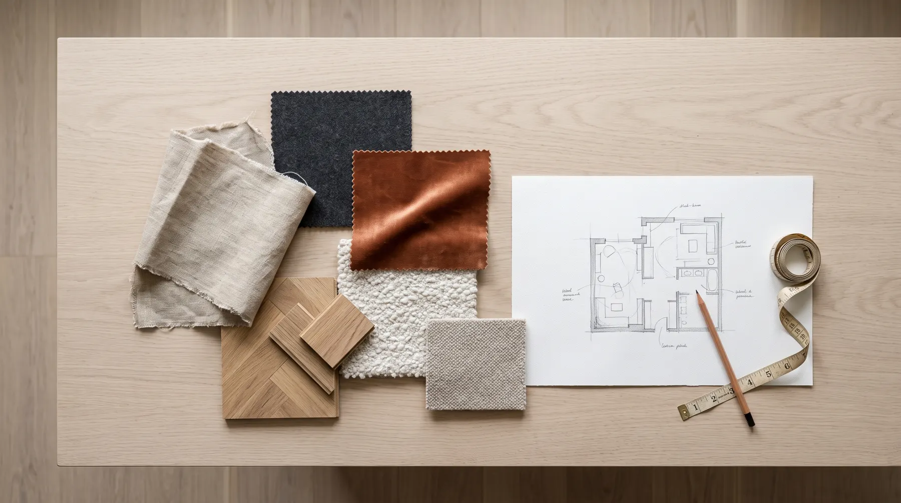 Stoff-, Teppich- und Holzmuster neben einem Grundriss